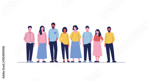 A diverse group of eight men and women stand together in a line, showcasing unity and individuality.