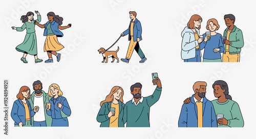 A collection of diverse people enjoying various activities together, including dancing, walking a dog, and taking selfies.