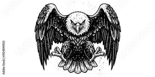 Detailed ink style eagle with outstretched wings and fierce expression