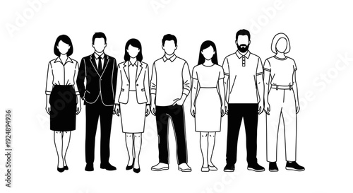 A black and white illustration of a diverse group of seven people standing side by side, showcasing different attire and body types.