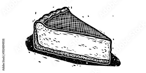 Vintage black and white slice of cheesecake with textured details