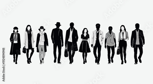 A diverse group of elegantly dressed men and women stand in a line, showcasing various fashion styles.