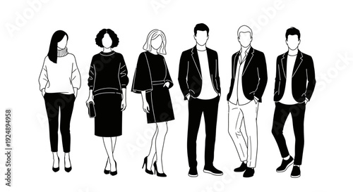 A minimalist black and white illustration of six fashionably dressed individuals, three women and three men, standing in a line.