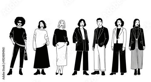 A black and white illustration depicting a diverse group of stylish individuals showcasing contemporary fashion.