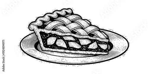Vintage style hand drawn slice of apple pie on a plate
