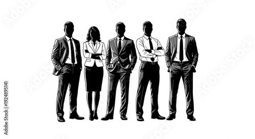 A group of five business professionals standing together in a line, silhouetted against a white background.