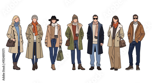 A diverse group of stylishly dressed individuals showcasing fashionable autumn and winter outerwear.