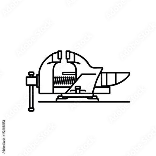 Industrial metal bench vice vector icon, heavy duty workshop clamp tool illustration, mechanical engineering equipment line art for repair and manufacturing