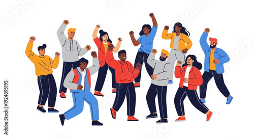 A diverse group of people celebrating with raised fists and joyful expressions, symbolizing unity and triumph.
