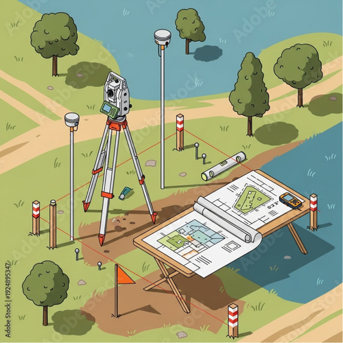 Surveying equipment on a construction site near a river.