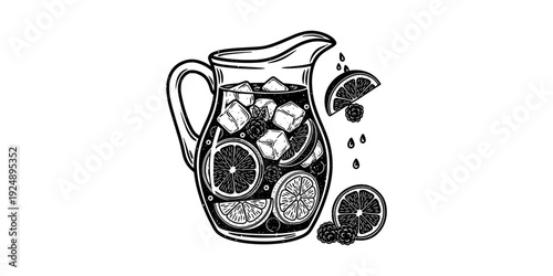 Hand drawn pitcher with citrus and berries in black and white sketch style
