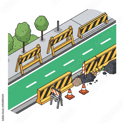 Road construction site with barriers and workers repairing the road surface.