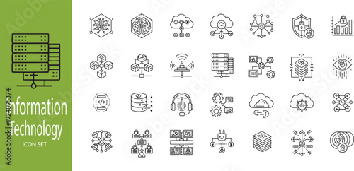 Advanced Information Technology and Hardware Icon Set: Smart Chip, Processor, CPU, and Data Infrastructure Symbols