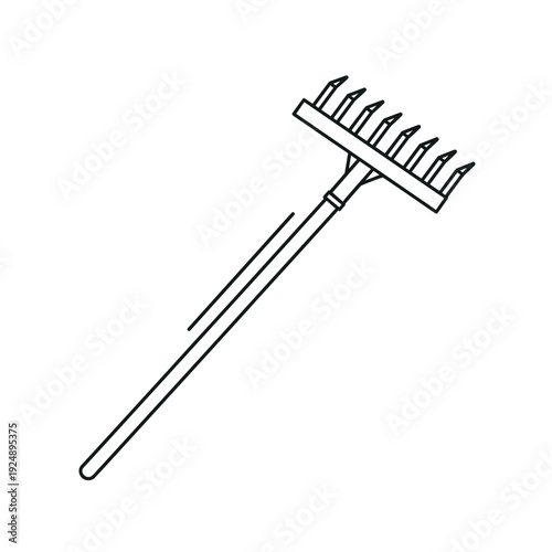 Minimalist garden rake vector icon, black and white line art of a manual soil cultivation tool, agricultural hand rake for landscaping