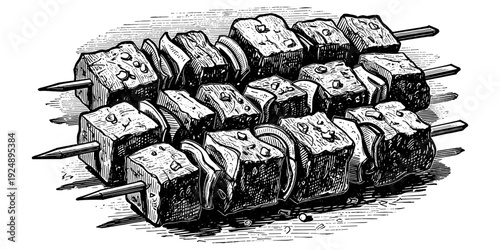 Vintage engraving of grilled skewered meat with onions
