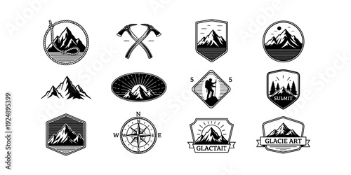 Adventure mountain logo set: vintage emblems and badges for outdoor exploration