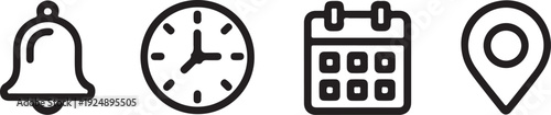 Set of four icons representing notification time calendar and location