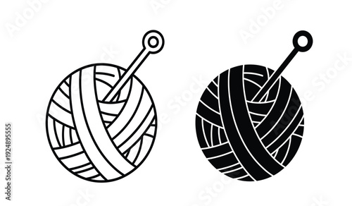 Two black and white icons of yarn balls with crochet hooks