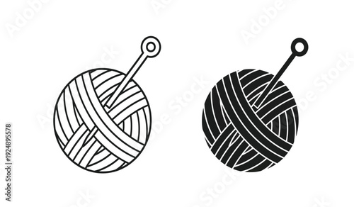 Two black and white icons of yarn balls with crochet needles on a pure