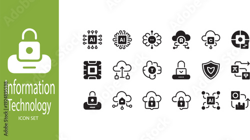 Advanced Information Technology and Hardware Icon Set: Smart Chip, Processor, CPU, and Data Infrastructure Solid Symbols