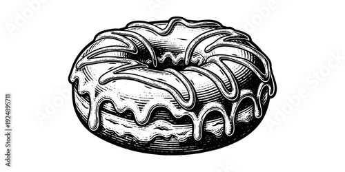 Vintage ink drawing of a glazed donut with detailed icing patterns