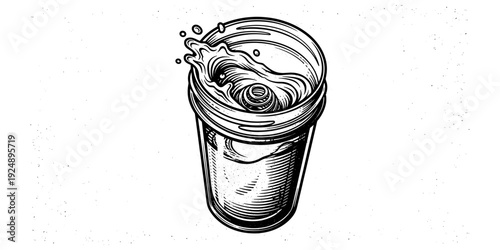 Splashing beverage in tumbler with lid in intricate black and white linear design
