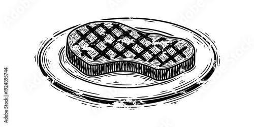 Hand drawn grilled steak on plate with rustic design in black and white