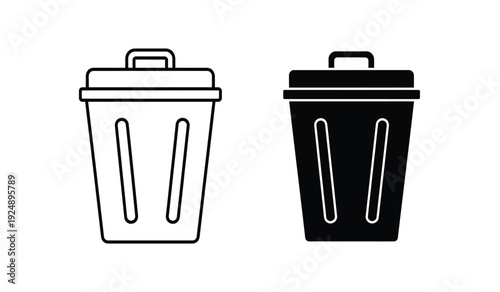 Black and white trash can icons with lids and handles
