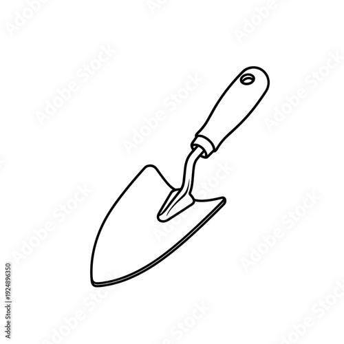 Minimalist garden trowel vector illustration, hand shovel line art icon, black and white gardening tool for planting and landscaping design
