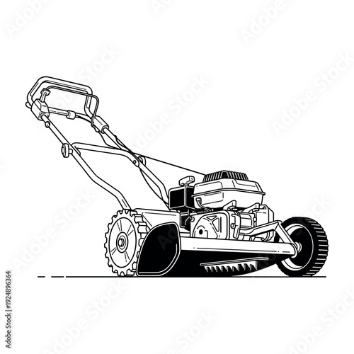 Minimalist lawn mower line art vector, professional garden equipment illustration, black and white lawnmower icon for landscaping services