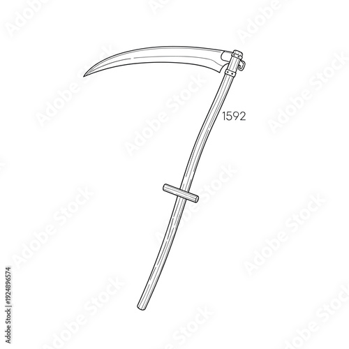 Vintage scythe line art illustration, antique farming hand tool with curved blade, traditional agricultural harvesting equipment vector