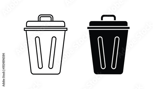 Black and white trash can icons with lids and handles