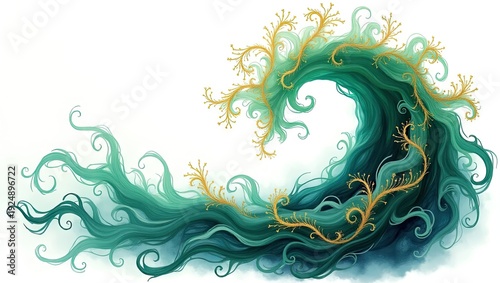 A stylized illustration of a wave, depicted with flowing, teal-green water accented by golden, branching flourishes.