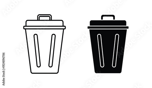 Black and white trash can icons with lids and handles in line art style