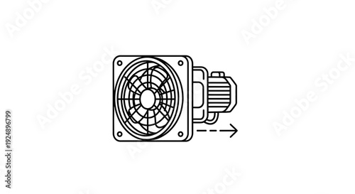 Industrial Fan with Motor, Airflow Arrow, Line Art Icon