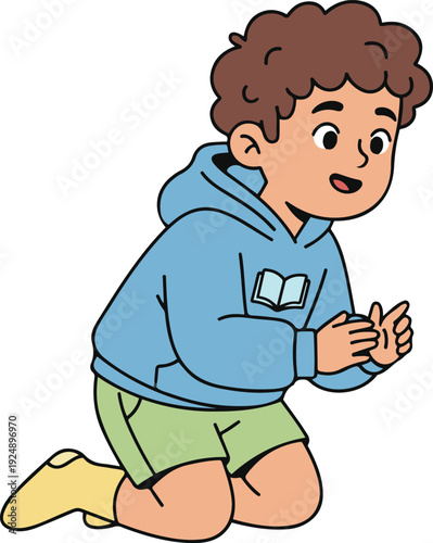 Cute cartoon boy kneeling and clapping hands, wearing a blue hoodie and green shorts.