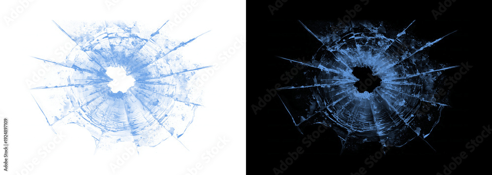 Obraz premium Shattered glass bullet holes on white and black backgrounds