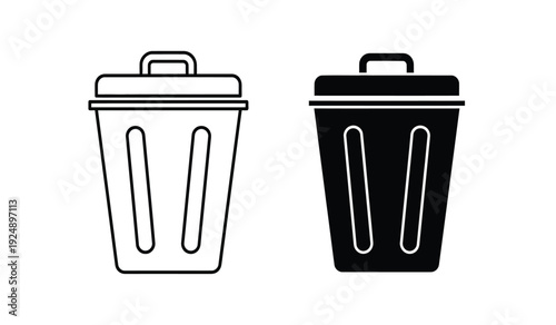 Black and white illustration of trash cans with lids and handles side by side on a pure