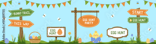 Set of Egg search signs, chick, basket, flag pennant colored eggs for Easter Egg Hunt. Vector illustration templates for Easter festive celebration