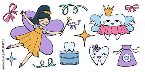 Tooth fairy with magic wand. Flat vector illustration on white background.