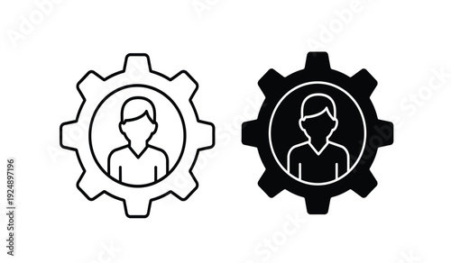 Black and white line icons of gear with human face inside