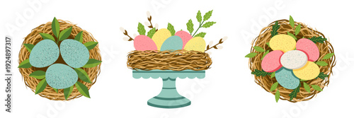 Easter nest set. Spring composition with nest, colorful eggs, willow branch. Easter card design elements. Hand drawn vector illustration.