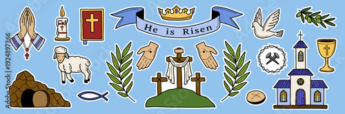 Religious Easter doodle sticker pack. Faith, religion, communion concept vector set. Christian faith icon elements: tomb, lamb, praying hands, cross, church cup, holy Bible, dove as holy spirit.