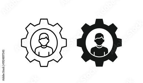 Black and white gear icons with people wearing masks in the center
