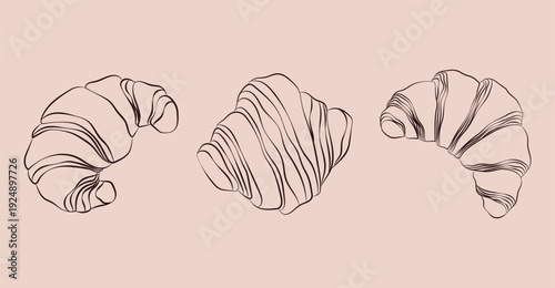 Elegant Croissant Line Art Vector Set. Elegant line art vector illustration featuring three croissants in minimalist style.