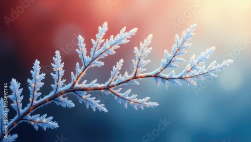 Delicate ice crystals frost a thin branch, bathed in soft, blurred light with a red and blue gradient background.
