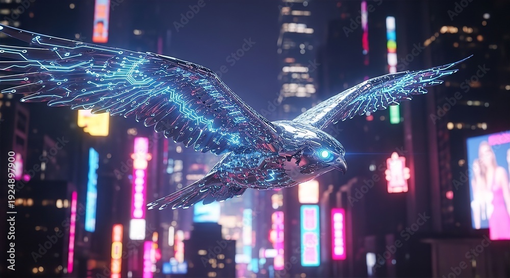 Obraz premium Cyber Falcon Above Neon Metropolis