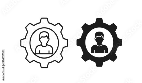 Black and white gear icons with human figures in the center, representing teamwork and mechanical concepts in a simple design