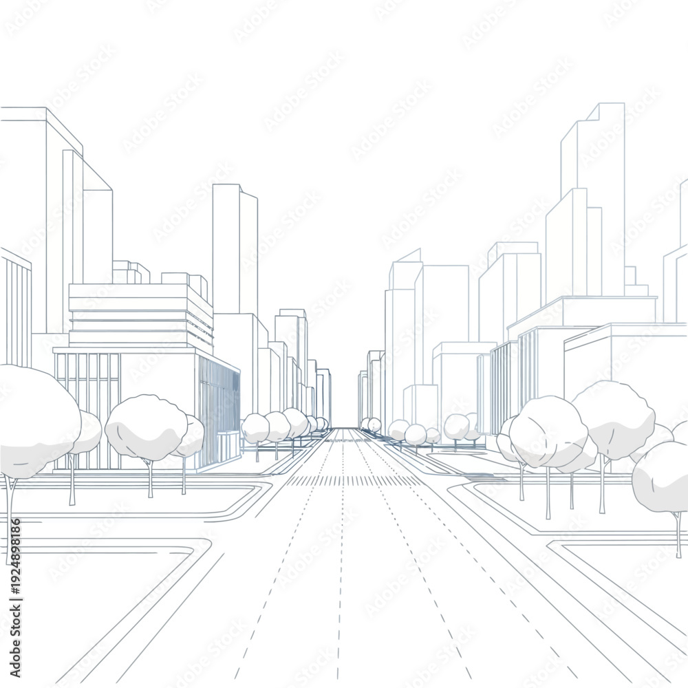 Obraz premium Architectural Sketch of a Modern City Street with Buildings and Trees