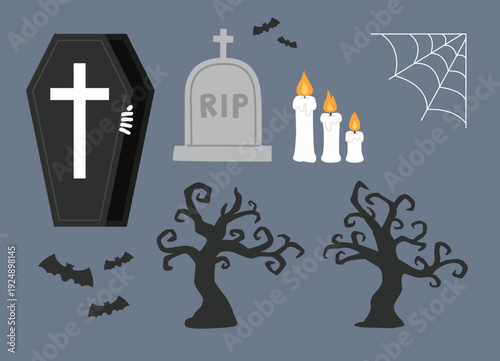 Set of Halloween spooky elements including coffin, tombstone, and candles